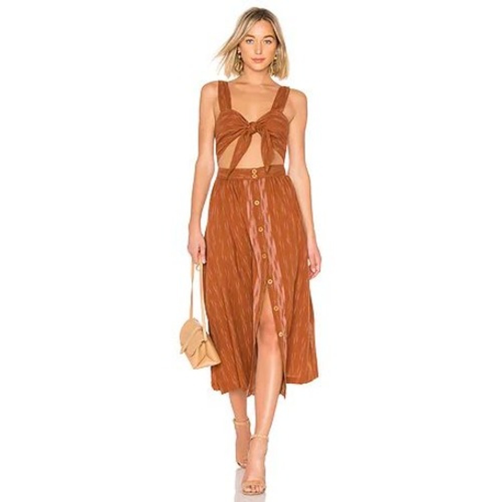 Free People Rust Orange Tie Front Cutout Button Down Midi Dress XS